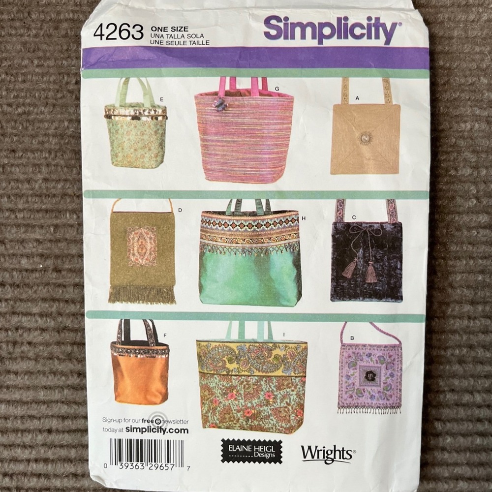 Simplicity 4263 Sewing Pattern Elaine Heigl Designs Tote Bags Purses OS